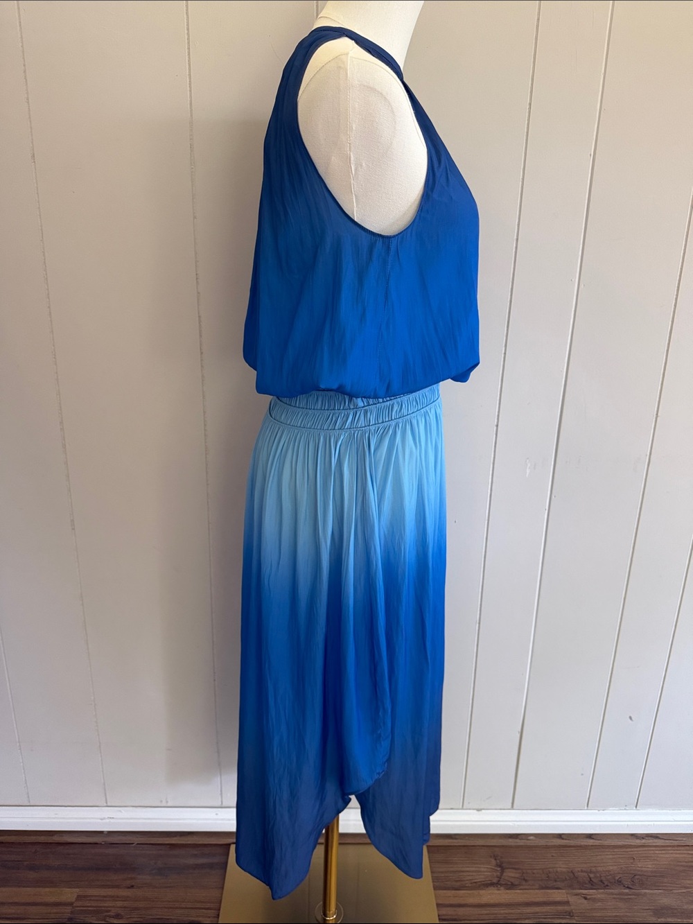 Ramy Brook New York Blue Ombre Pleated Midi Dress Halter Handkerchief Hem XS - Picture 5 of 16